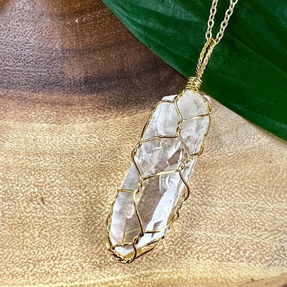 Clear Quartz Crystal Pendant Wrapped w/Gold Wiring (Chain Not Included)